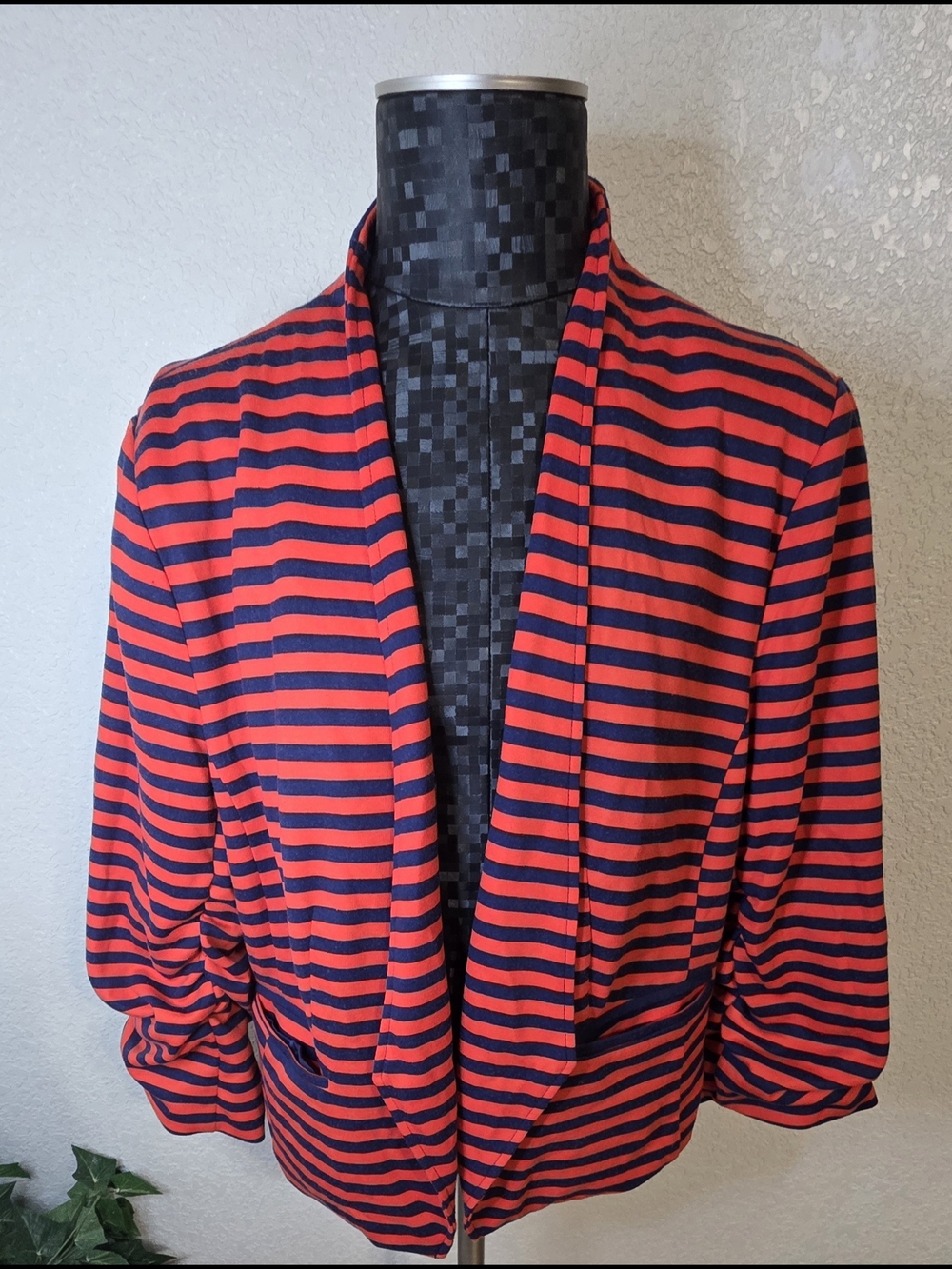 Ashley Stewart Orange and Navy Striped Open-Front Blazer